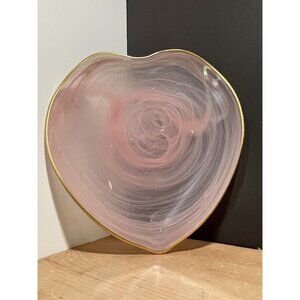 Heart Shaped Glass Plate, 10” Blush Pink White Swirls Gold Curved Rim Turkish